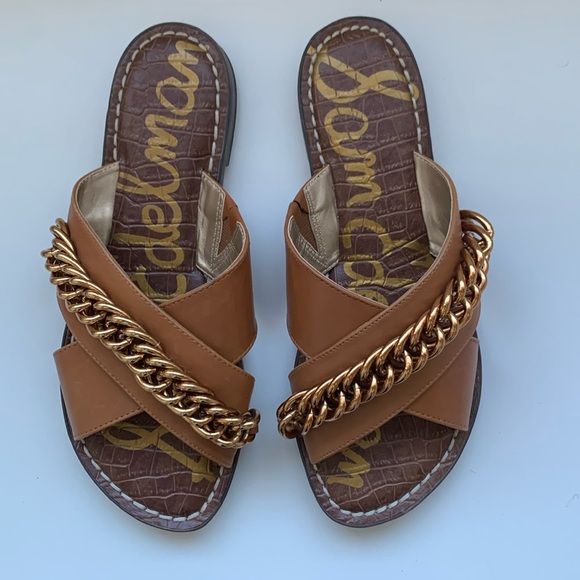 Sam Edelman Gabrie Gold Chain Criss Cross Leather Sandals - Picture 2 of 5